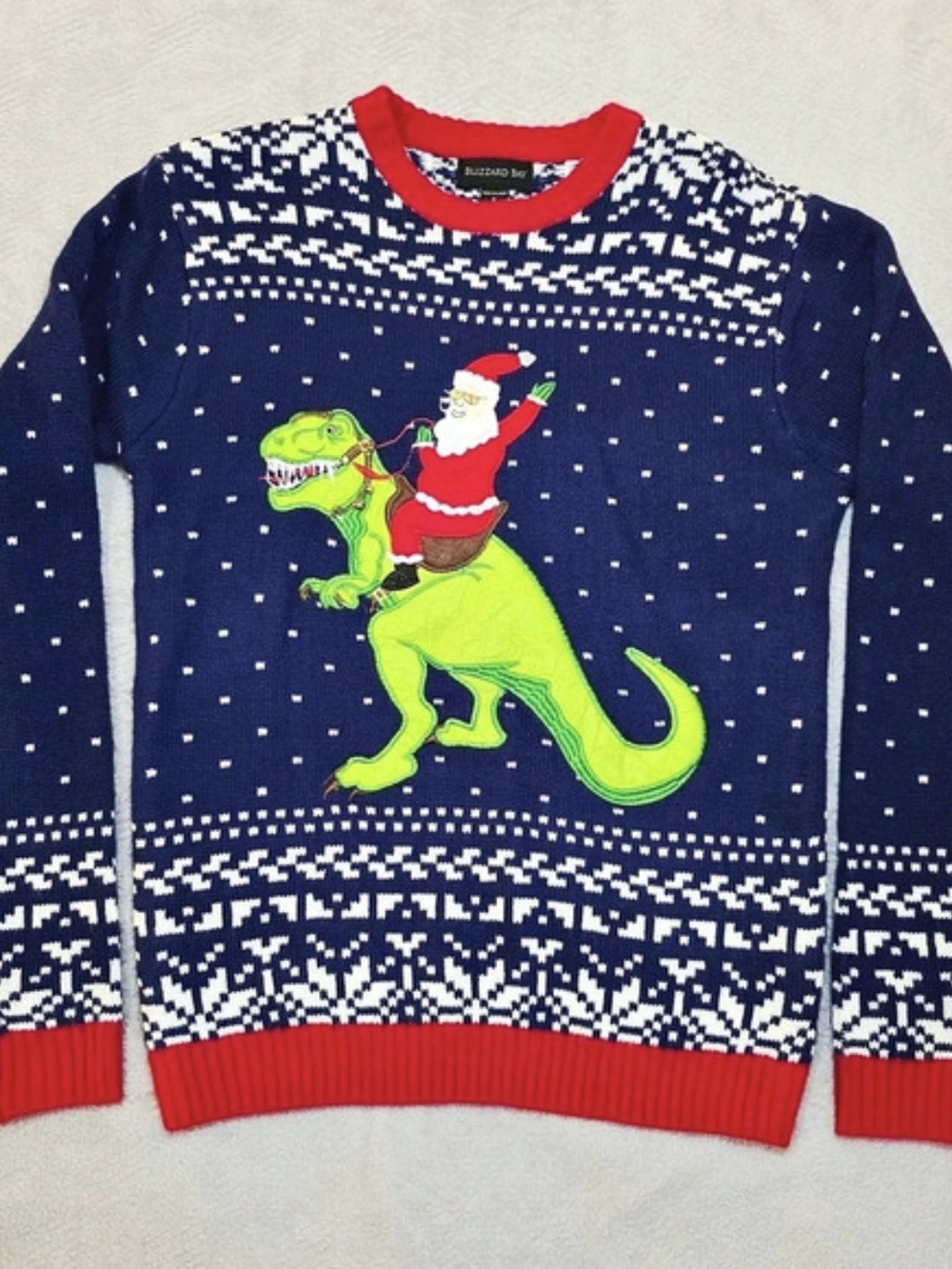 Santa Riding T-Rex Ugly Christmas Sweater Real Jingle Bells Men's S